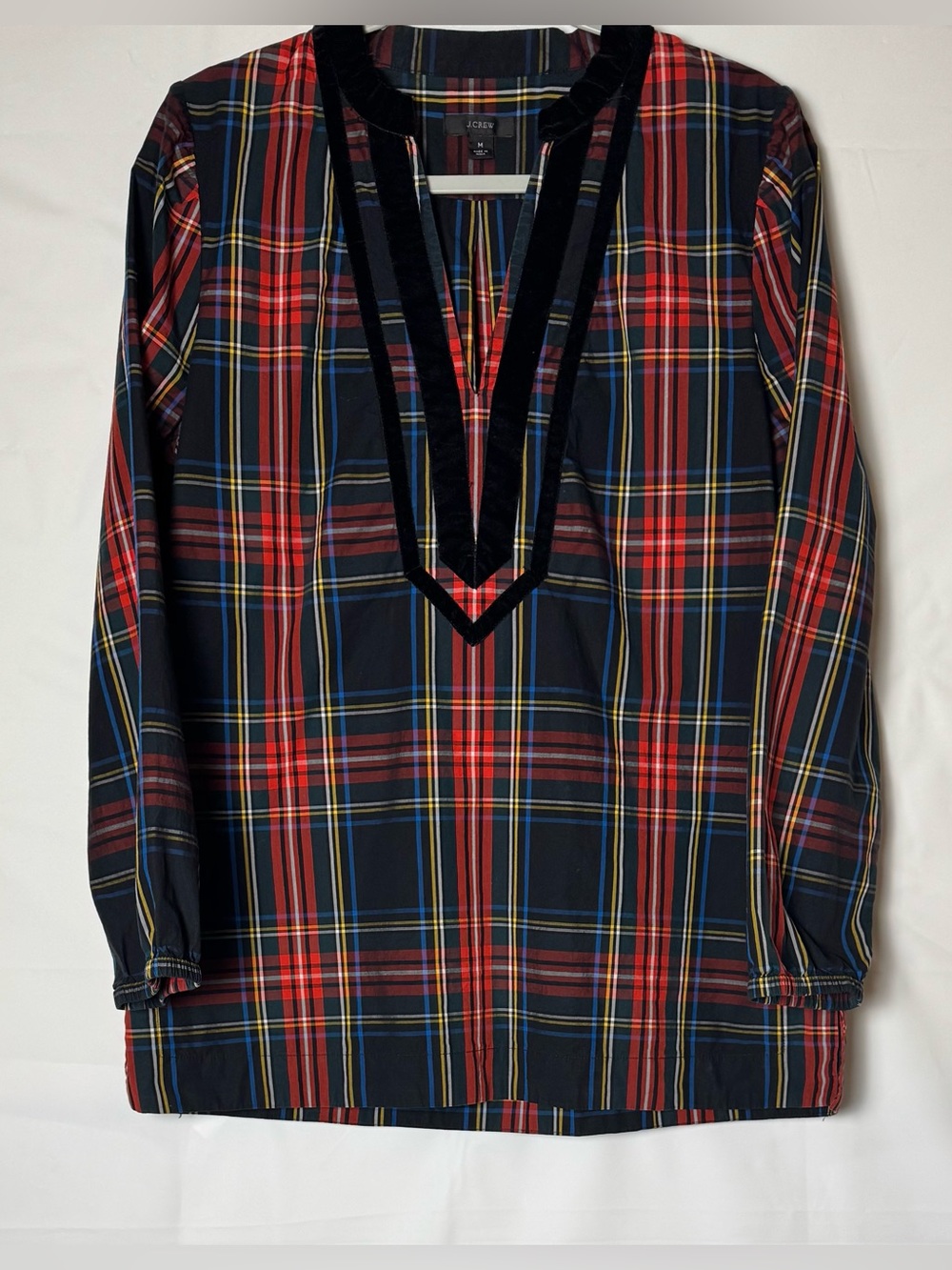 J. Crew Red & Navy Plaid Long-Sleeve Women Tunic with Velvet Trim, M. Like New